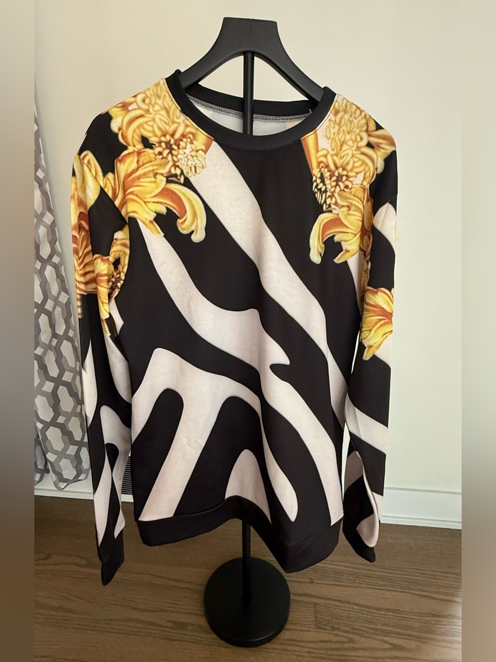Vintage Black & White Stripe Cardigan with Gold Floral Motif